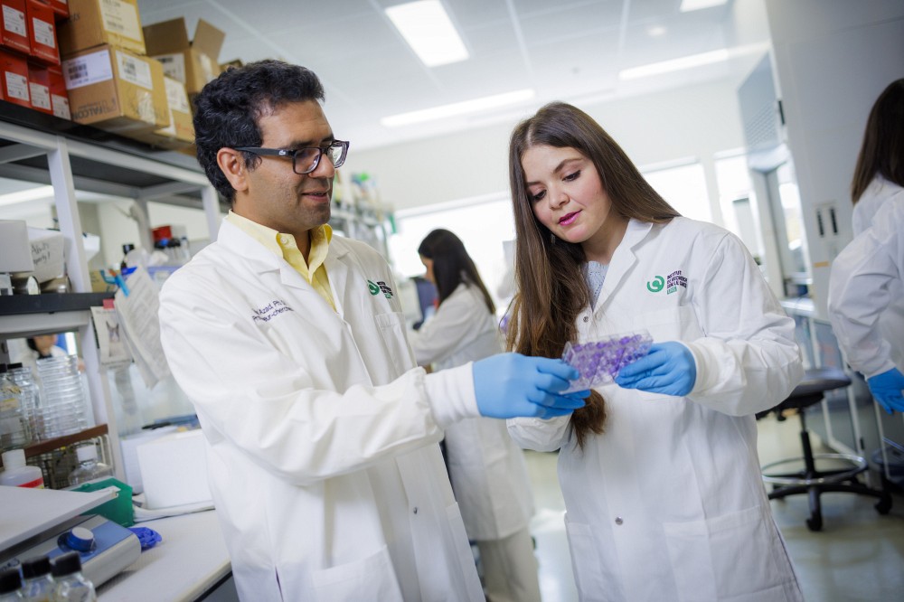 Taha Azad, professor and researcher at the Universit&eacute; de Sherbrooke Cancer Research Institute (IRCUS) and the Department of Microbiology and Infectiology in the Faculty of Medicine and Health Sciences at the Universit&eacute; de Sherbrooke. Next to him is Mahsa Ahmadi, his doctoral student in microbiology and co-author of the article, who purified many viruses, oversaw the preclinical studies, and contributed to writing the article.
