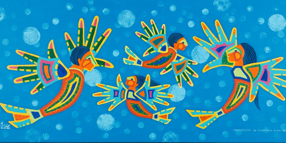 L&rsquo;&oelig;uvre de l&rsquo;artiste ab&eacute;nakise Christine&nbsp;Sioui-Wawanoloath, Transmission : de l&rsquo;importance de bien apprendre &agrave; voler, a inspir&eacute; l&rsquo;environnement visuel du Plan d&rsquo;action 2021-2026 pour et avec les peuples autochtones.