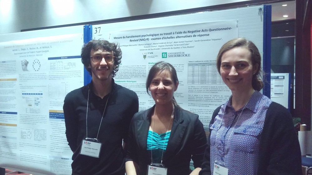 Jean-Philippe Morissette, Bianca Lachance et Marie-Fr&eacute;d&eacute;rick St-Cyr, lors du&nbsp;40e congr&egrave;s de la Soci&eacute;t&eacute; qu&eacute;b&eacute;coise pour la recherche en psychologie.