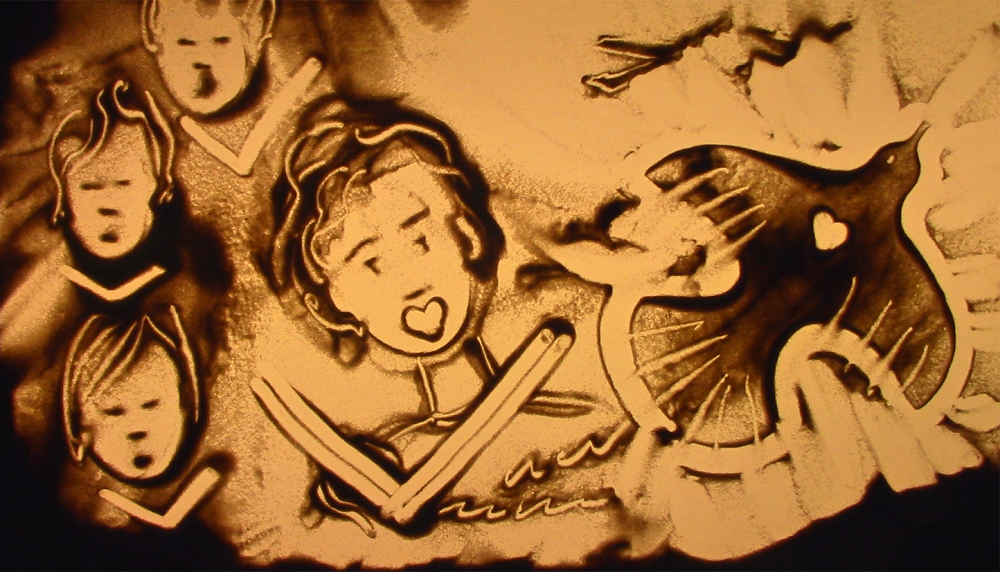 Image tir&eacute;e d'une&nbsp;histoire dessin&eacute;e dans le sable, par Jos&eacute;e Courtemanche, conseill&egrave;re en communication, et mise en musique par Charles Van Go&iuml;dtsenhoven.&nbsp;