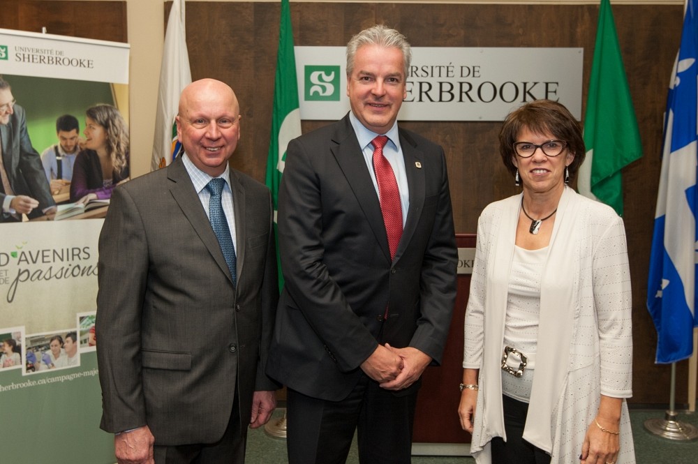 Luc R. Borduas, pr&eacute;sident de La Fondation de l'UdeS, Bernard S&eacute;vigny, maire de Sherbrooke et la rectrice Luce Samoisette