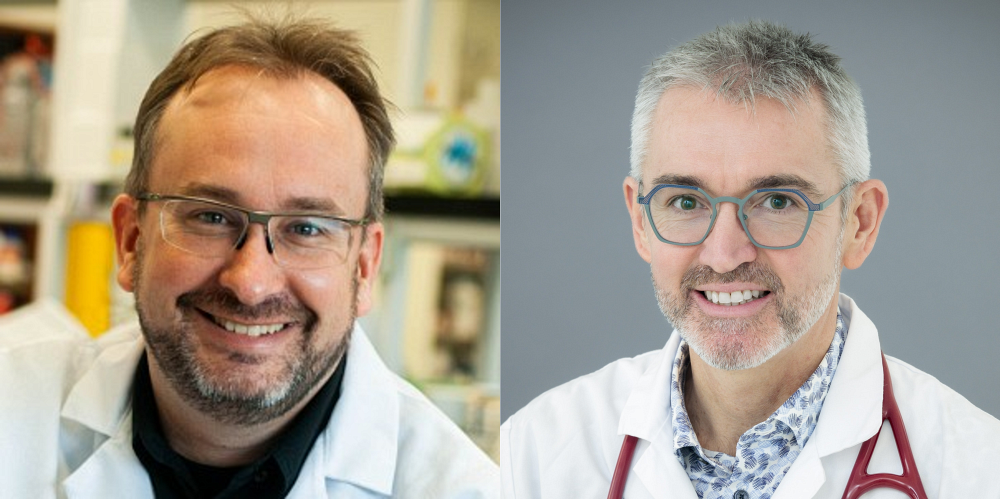 De gauche &agrave; droite : Pr Fran&ccedil;ois-Michel Boisvert, Ph. D., Directeur scientifique de l&rsquo;IRCUS (gauche), et Pr Michel Pavic, M.D., Directeur de la recherche m&eacute;dicale en oncologie de l&rsquo;IRCUS