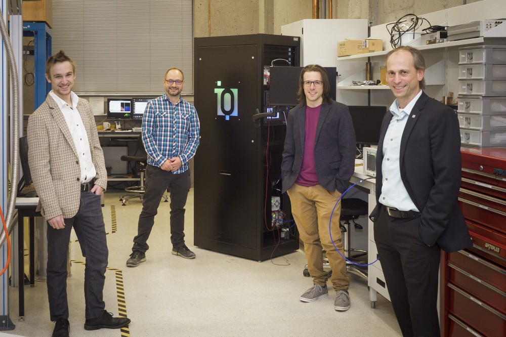 Left to right : Julien Camirand Lemyre, founder of Nord Quantique; Michel Pioro-Ladri&egrave;re, deputy director of Institut quantique; David Roy-Guay, founder of SB Quantum; Dominique Drouin, professor in the Department of Electrical and Computer Engineering.