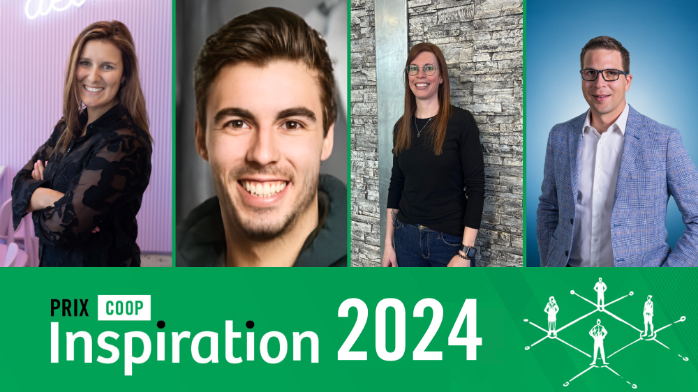 Les gagnantes et gagnants des prix Coop inspiration 2024. De gauche &agrave; droite : Rosanne Gigu&egrave;re, Guillaume Charron, Marie-Odile Touchette et Simon Chaput
