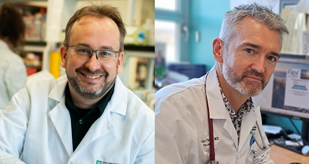 De gauche &agrave; droite : Pr Fran&ccedil;ois-Michel Boisvert, Ph. D., Directeur scientifique de l&rsquo;IRCUS (gauche), et Pr Michel Pavic, M.D., Directeur de la recherche m&eacute;dicale en oncologie de l&rsquo;IRCUS