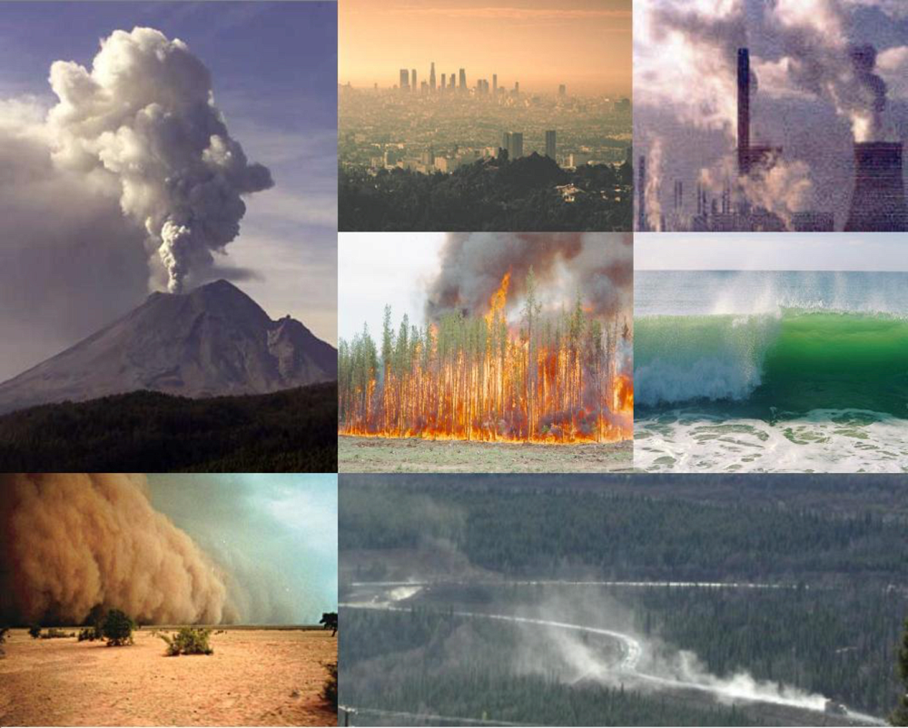 Les a&eacute;rosols naturels (d&eacute;sert, volcan, marins, feux) ou anthropiques (pollution urbaine, &eacute;conomique et industrielle, transport, feux de chemin&eacute;e). Leur impact sur le climat d&eacute;pend de plusieurs de leurs caract&eacute;ristiques (nature, taille et position dans la haute ou basse atmosph&egrave;re).