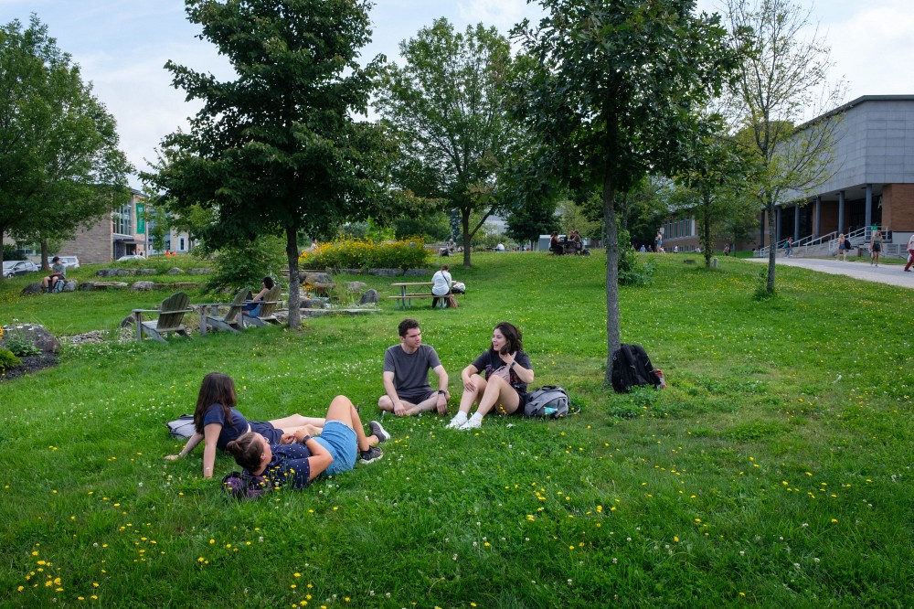 Personnes &eacute;tudiantes profitant des espaces verts sur le Campus principal.