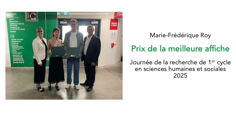 De gauche &agrave; droite :&nbsp;Isabelle Dionne, vice rectrice aux &eacute;tudes et &agrave; la vie &eacute;tudiante, Marie-Fr&eacute;d&eacute;rique Roy, stagiaire&nbsp;&agrave; la Facult&eacute; des lettres et sciences humaines, Nathan&nbsp;Dupont, stagiaire &agrave; la Facult&eacute; d&rsquo;&eacute;ducation, et&nbsp;Jean-Pierre Perreault, recteur.