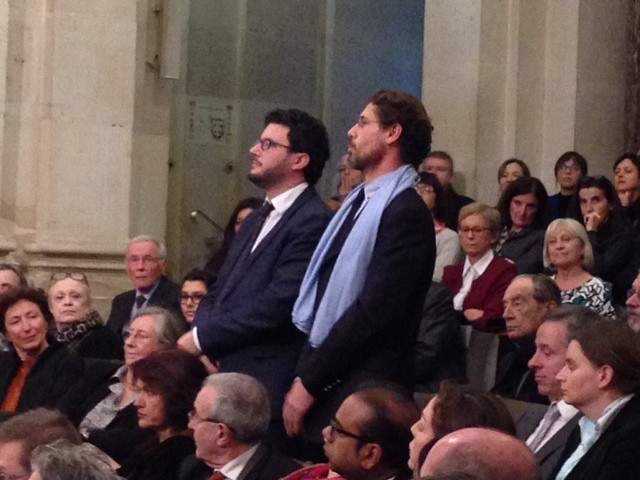 Anthony Glinoer (&agrave; gauche) et Vincent Laisney lors de la c&eacute;r&eacute;monie de remise des prix litt&eacute;raires de l'Acad&eacute;mie fran&ccedil;aise le 4 d&eacute;cembre 2014.