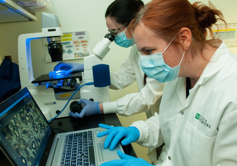 La professeure en immunologie et en biologie cellulaire&nbsp;V&eacute;ronique Giroux, travaillant en laboratoire avec une &eacute;tudiante.
