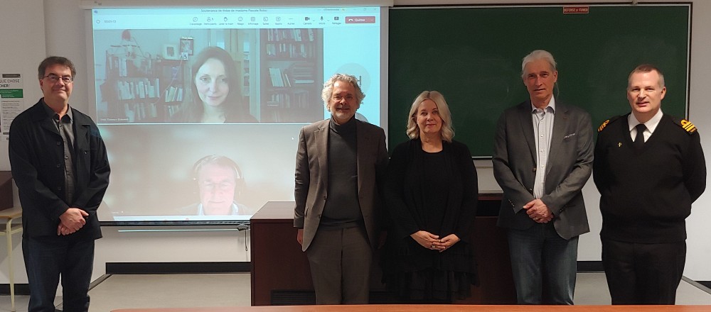 Pr Claude G&eacute;linas, sur l'&eacute;cran : Pr Marc Dumas et Pre Florence Vinit, Pr Pierre No&euml;l, Dre Pascale Robic, Pr Jacques Quintin et Pr Martin Po&euml;ti