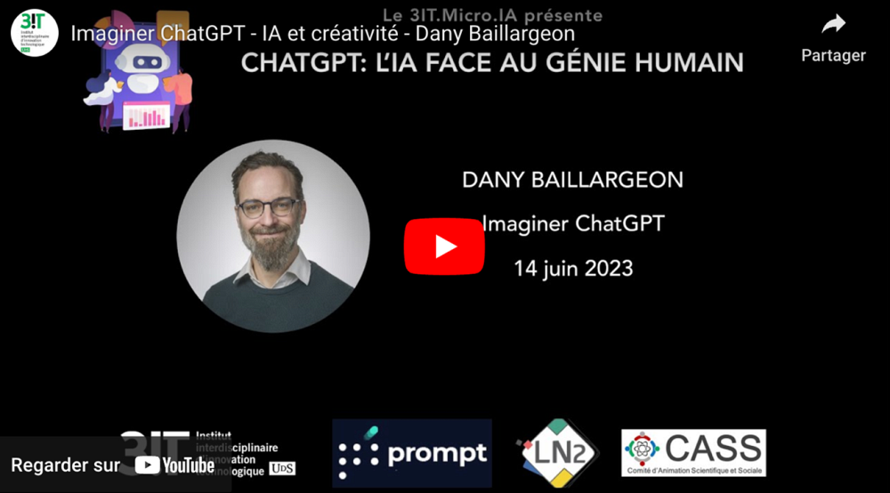 Le 14 juin dernier au 3IT, Dany Baillargeon, professeur au D&eacute;partement de communication de l&rsquo;UdeS, s&rsquo;est interrog&eacute; sur les capacit&eacute;s cr&eacute;atives de ChatGPT en pr&eacute;sence d&rsquo;une audience interdisciplinaire.