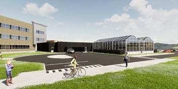 Illustration des serres et du b&acirc;timent qui les abritera, r&eacute;alis&eacute;e par&nbsp;Espace Vital Architecture