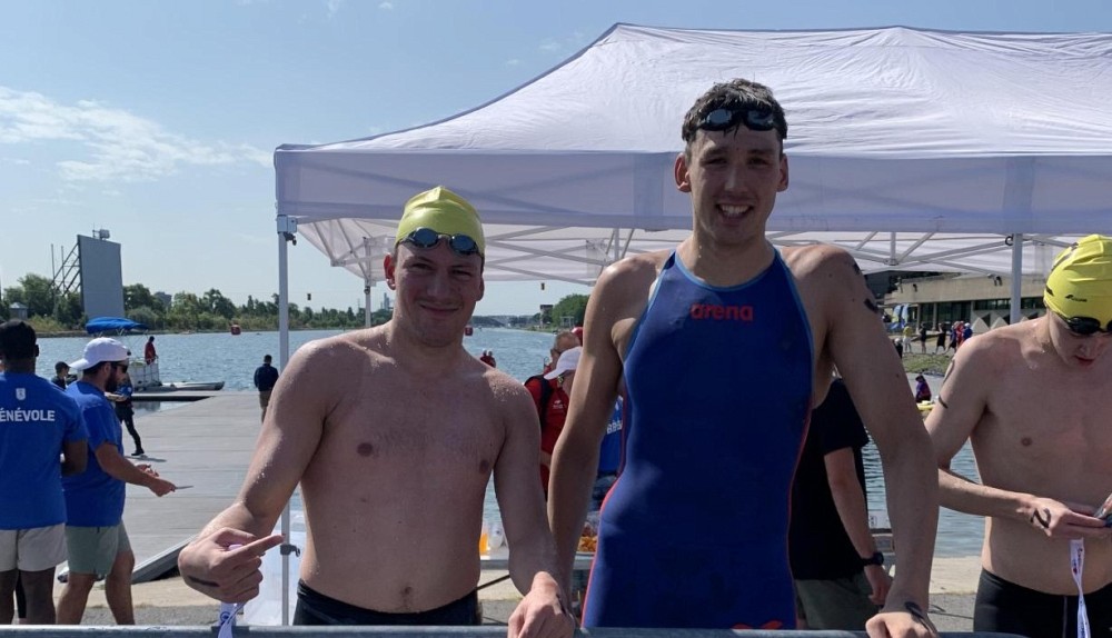 Thomas Bilodeau (&agrave; gauche) et Philippe Lacasse (&agrave; droite) ont triomph&eacute; lors du Festival canadien d'eau libre 2025 &agrave; Montr&eacute;al.