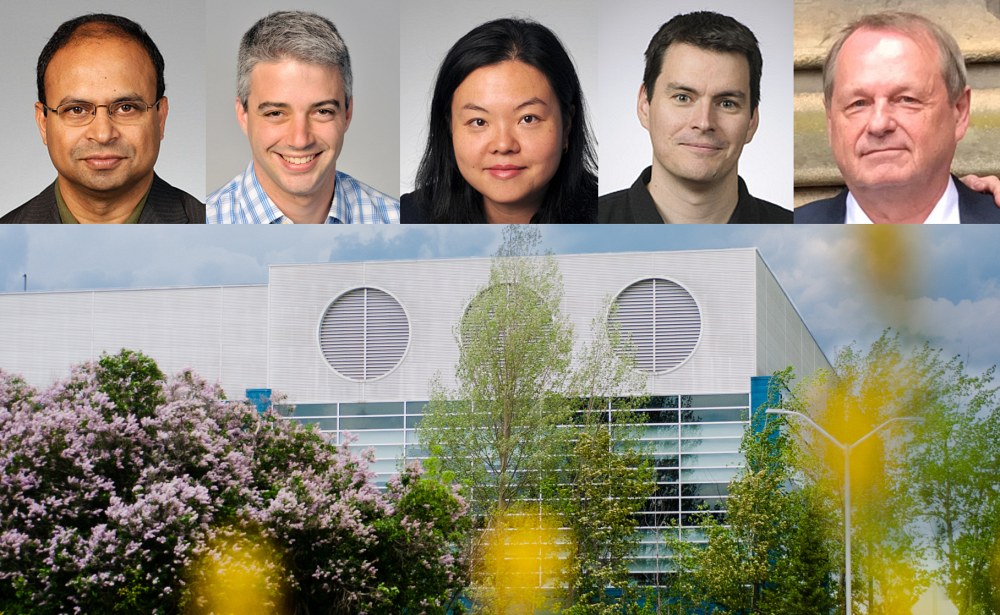 Les professeurs-chercheurs de l'IRCUS r&eacute;cipiendaires d'un octroi des IRSC (de gauche &agrave; droite) : Subburaj Ilangumaran, Steve Jean et Lee-Hwa Tai du D&eacute;partement d'immunologie et de biologie cellulaire de la Facult&eacute; de m&eacute;decine et des sciences de la sant&eacute; (FMSS), S&eacute;bastien Rodrigue du D&eacute;partement de biologie de la Facult&eacute; des sciences, et Richard Wagner du D&eacute;partement de m&eacute;decine nucl&eacute;aire et de radiobiologie de la FMSS