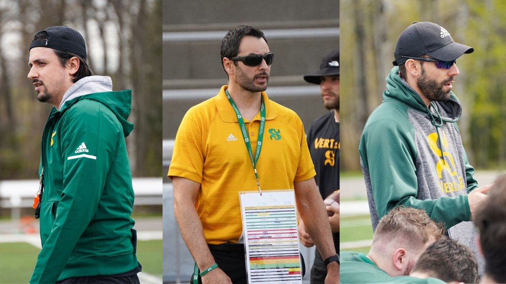 De gauche &agrave; droite: le nouveau coordonnateur offensif Maxime Gauthier, le coordonnateur d&eacute;fensif Guillaume Boucher et le nouveau coordonnateur des unit&eacute;s sp&eacute;ciales Louis Leclerc.