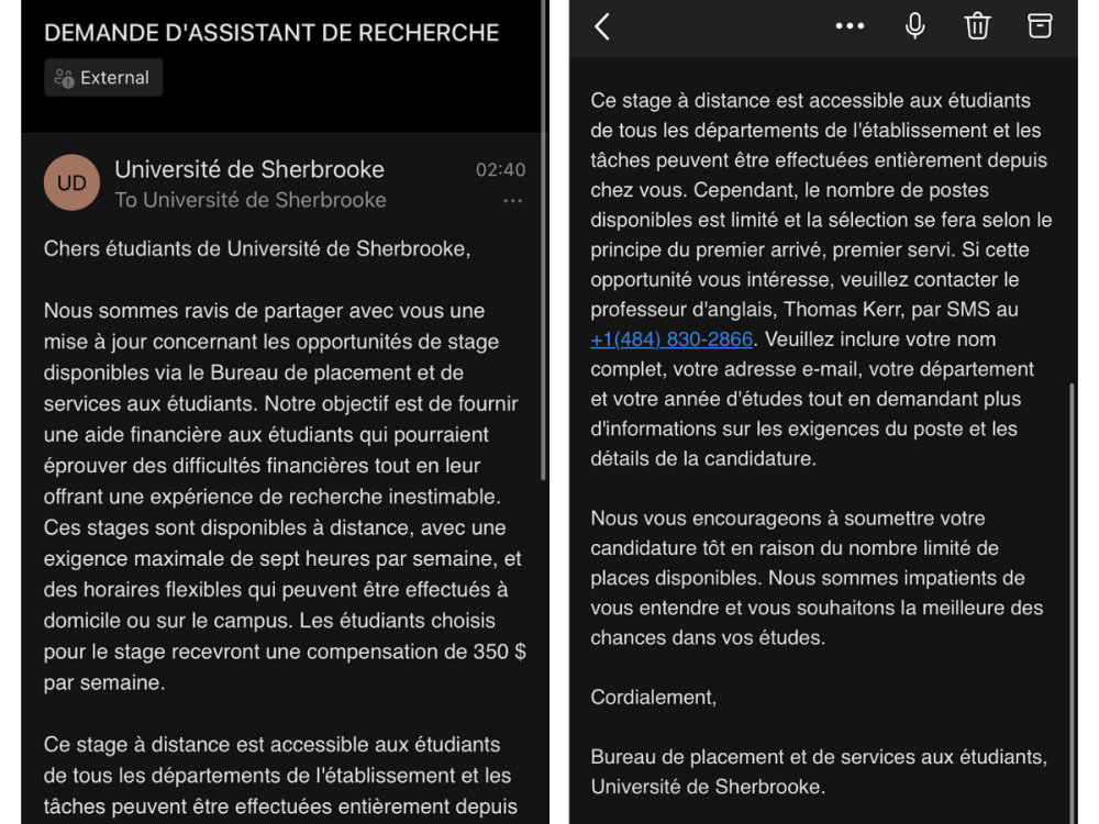 Exemple de courriel re&ccedil;u par des membres de notre communaut&eacute; &eacute;tudiante.