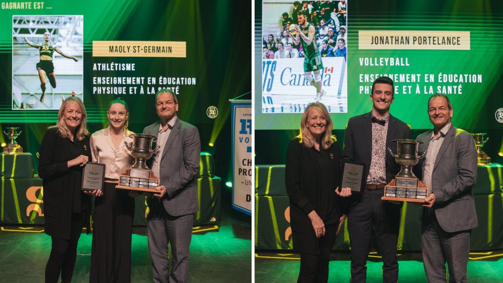 Maoly St-Germain (athl&eacute;tisme) et Jonathan Portelance (volleyball) ont &eacute;t&eacute; les deux r&eacute;cipiendaires des prix majeurs Athl&egrave;tes de l'ann&eacute;e lors du Gala Vert & Or 2024.