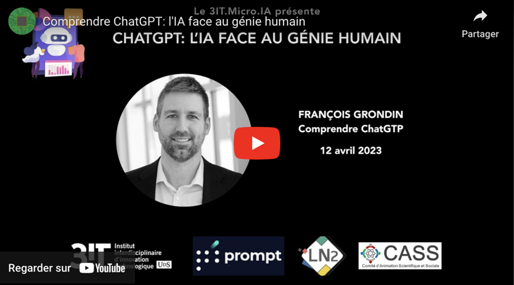Lors de la conf&eacute;rence du 12 avril intitul&eacute;e Comprendre ChatGPT&nbsp;: que se passe-t-il &agrave; l&rsquo;int&eacute;rieur de ChatGPT?, le Pr Grondin a vulgaris&eacute; plusieurs des concepts fondamentaux au fonctionnement de cet outil d&rsquo;IA.