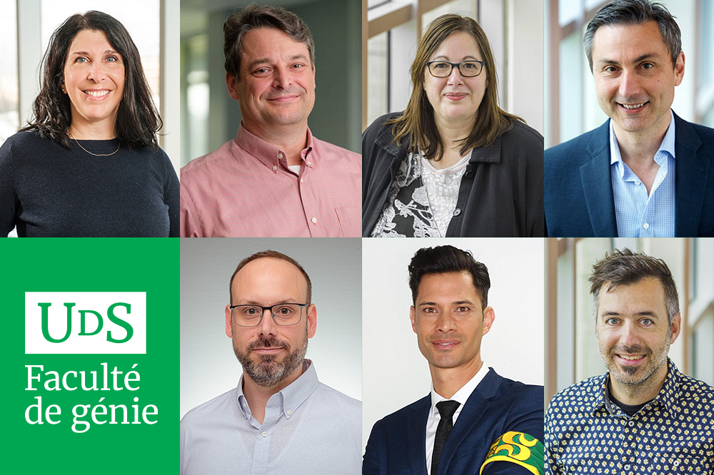 De gauche &agrave; droite, de haut en bas : Pre Nathalie Roy, doyenne; Pr Richard Ar&egrave;s, vice‐doyen au d&eacute;veloppement et aux partenariats; Pre Nathalie Faucheux, vice‐doyenne &agrave; la recherche; Pr Patrice Rivard, vice‐doyen aux &eacute;tudes sup&eacute;rieures; Pr Fran&ccedil;ois Ferland, vice-doyen &agrave; la formation; Pr Mathieu Nuth, vice-doyen au recrutement, communications et &agrave; la philanthropie; M. Antoine Gigu&egrave;re, secr&eacute;taire de facult&eacute; et directeur des affaires &eacute;tudiantes.