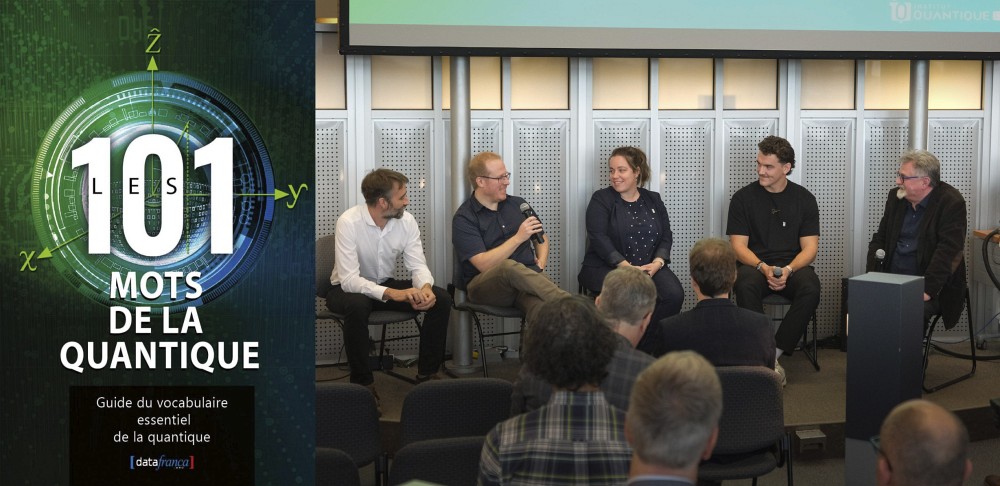 Mathieu Juan, directeur adjoint (IQ) et directeur de la plateforme Quantum FabLab - Chaire de recherche en syst&egrave;mes hybrides quantiques (CRSHQ),&nbsp;Jeffrey Quilliam, directeur du d&eacute;partement de physique et professeur, membre de l&rsquo;IQ,&nbsp;M&eacute;lissa Greene, responsable du programme de vulgarisation scientifique, Curieux quantiques, Rodolphe Alquier, doctorant en physique, et Serge D'Amico,&nbsp;conseiller en communication et lexicographie et directeur lexicographique du Dictionnaire Usito.