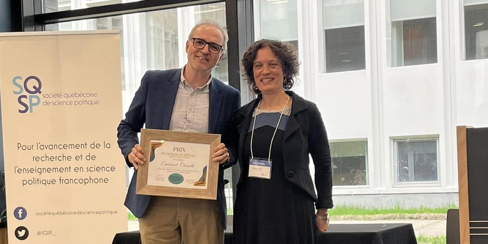 Le Pr Emmanuel Choquette, r&eacute;cipiendaire du prix L&eacute;on-Dion, en compagnie de Laurence Berher, directrice de la revue Politique et soci&eacute;t&eacute;s.