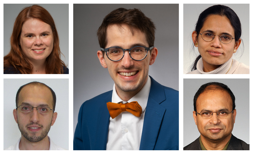 Laurent Fradet (au centre), professeur-chercheur &agrave; l&rsquo;IRCUS et chirurgien en oncologie cervico-faciale et reconstruction microvasculaire au CIUSSS de l'Estrie-CHUS, entour&eacute; par les professeures-chercheuses et professeurs-chercheurs qui ont vu leurs projets financ&eacute;s par l'IRCUS : V&eacute;ronique Giroux (&agrave; gauche), Sheela Ramanathan (&agrave; droite), Ayman Oweida (&agrave; gauche) et Subburaj Ilangumaran (&agrave; droite).