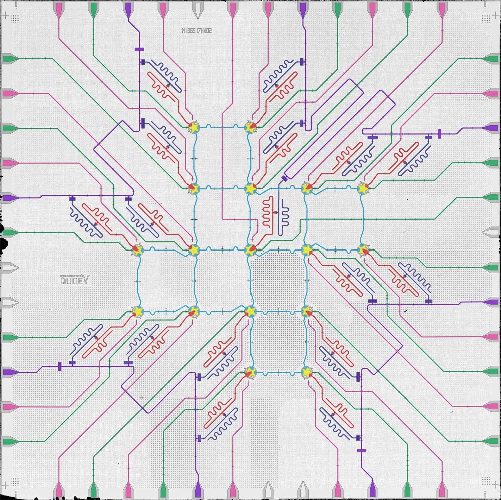 False color image of the device realizing the surface code with 17 superconducting qubits (in yellow).