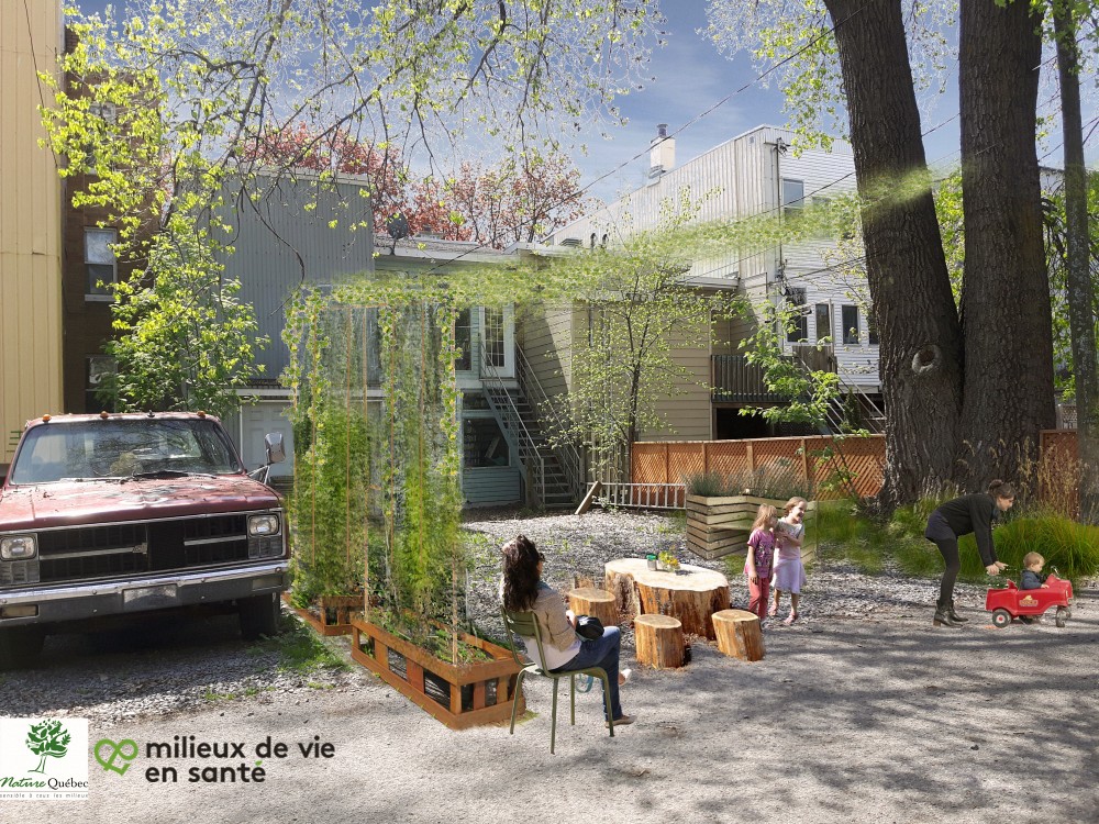 Image de synth&egrave;se pr&eacute;sentant le projet d'un espace collectif dans une ruelle.&nbsp;Illustration: Marie-Christine Mathieu, Nature Qu&eacute;bec