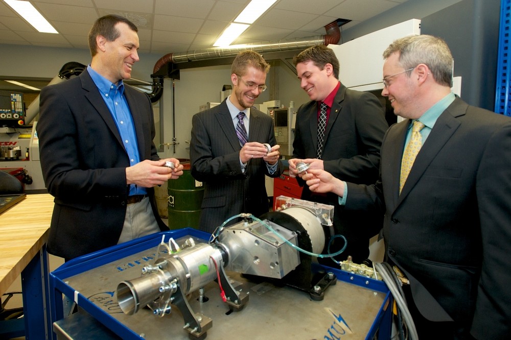 Les quatre chercheurs &agrave; l'origine du ramjet rotatif : Martin Brouillette, David Rancourt, Mathieu Picard et Jean-S&eacute;bastien Plante.
