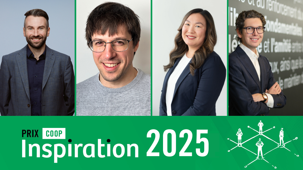 Les gagnants et gagnante des prix Coop inspiration 2025 : De gauche &agrave; droite : Gabriel de La Fontaine (Entrepreneuriat), David Roy-Guay (&Eacute;missaire), Zo&eacute; Achim (Leadership) et Jean-Christophe Imbeau (&Eacute;toile montante)