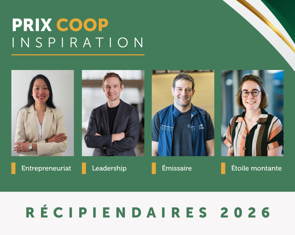 Les gagnantes et gagnants des prix Coop inspiration 2026. De gauche &agrave; droite : Maude Laforest, Julien Camirand Lemyre, Nicolas Legault et &Eacute;lo&iuml;se Brassard