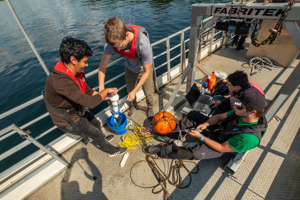La professeure C&eacute;line Gu&eacute;guen, Mohamed Gamrani (&agrave; la ma&icirc;trise), Justin Forget (&agrave; la ma&icirc;trise) et Nicolas Sylvestre (au doctorat) r&eacute;coltent les donn&eacute;es.&nbsp;
