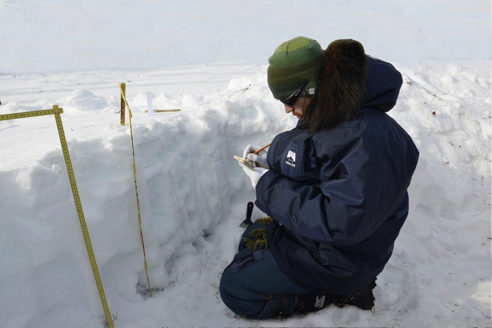 Nicolas Marchand, Ph.D., dans une fosse-&agrave;-neige pour en caract&eacute;riser les propri&eacute;t&eacute;s thermodynamiques.