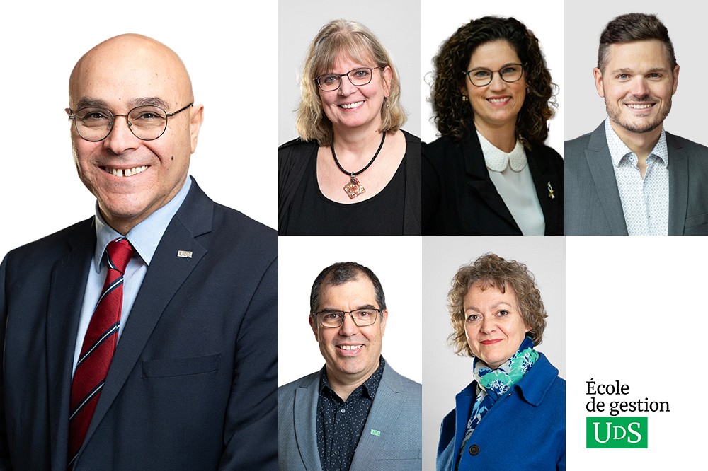 De gauche &agrave; droite, de haut en bas&nbsp;: Pr&nbsp;Abdelouahab Mekki Berrada, doyen; Pre&nbsp;Val&eacute;rie Vierstraete, vice-doyenne &agrave; l&rsquo;enseignement; Pre&nbsp;Manon Ghislaine-Guillemette, vice-doyenne &agrave; la gestion et secr&eacute;taire de facult&eacute;; Pierre-Luc Bourdages, directeur administratif; Pr&nbsp;Daniel Chamberland-Tremblay, vice-doyen &agrave; l&rsquo;innovation et aux partenariats; Pre&nbsp;Nathalie Angel&eacute;-Halgand, vice-doyenne &agrave; la recherche et &agrave; l&rsquo;international.
