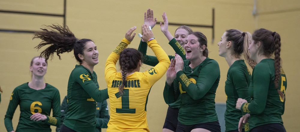 Le Vert & Or s'est nourri de l'&eacute;nergie de la foule et se qualifie pour la finale RSEQ.Cr&eacute;dit photo : Yves Longpr&eacute;/Vert & Or de l'UdeS