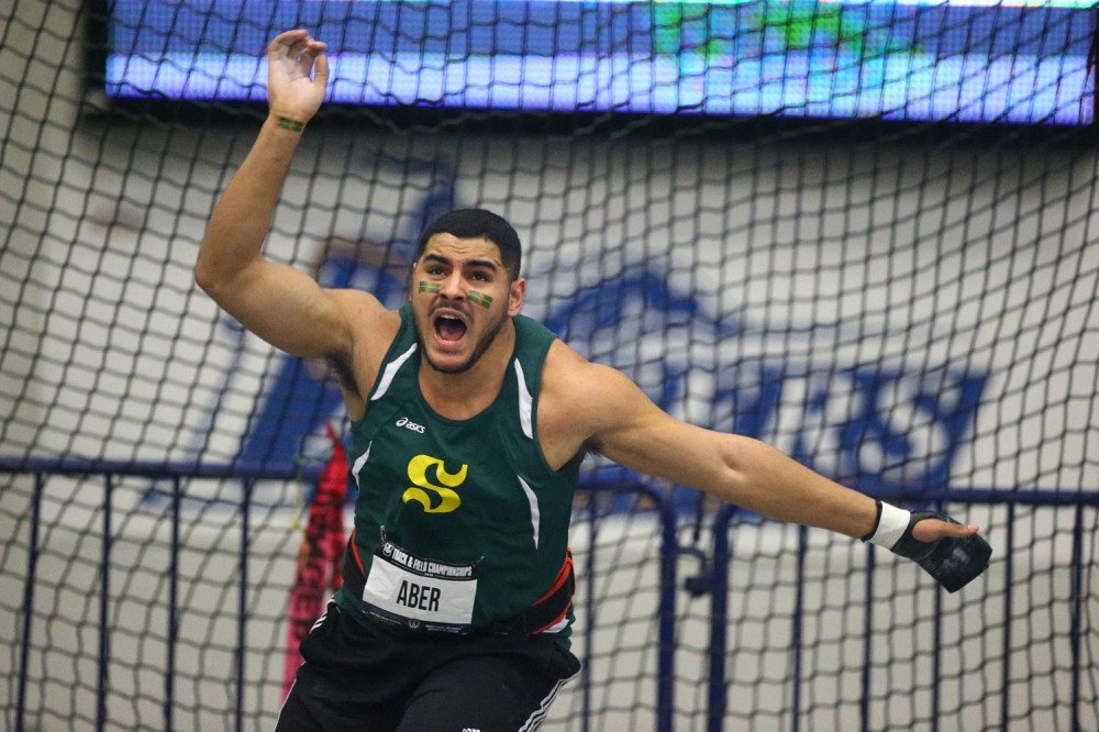 Samir Aber, suite &agrave; l'un de ses lancers en finale du marteau &agrave; Windsor vendredi.