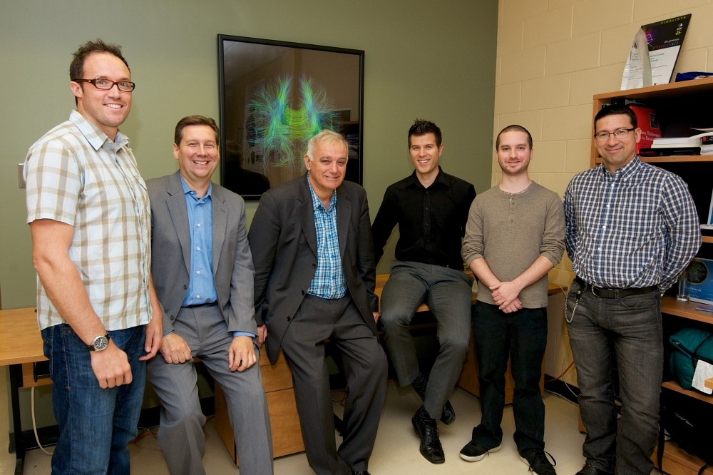 Maxime Descoteaux, d'Imeka, Jacques Lajoie et Roger No&euml;l, d'ACET, ainsi que Jean-Ren&eacute; B&eacute;langer, F&eacute;lix Morency et Pierre-Marc Jodoin, d'Imeka.