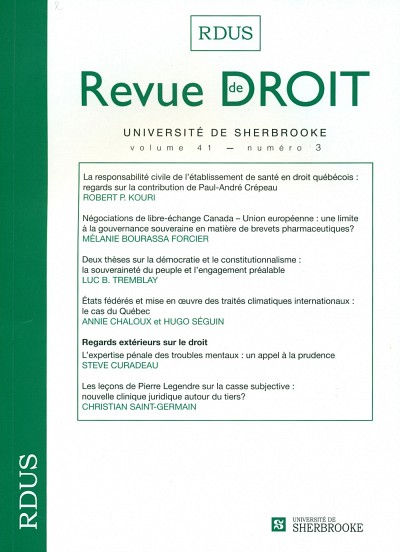 Revue de droit de l'Universit&eacute; de Sherbrooke, vol.&nbsp;41, no&nbsp;3, Les &Eacute;ditions Revue de droit, Universit&eacute; de Sherbrooke, 2012, 201&nbsp;p.