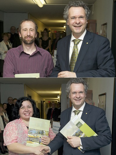 M. &Eacute;ric Archambault et Mme Marisol Valdes Caro, tout deux r&eacute;cipiendaires d'une bourse du Fonds de la FaTER pour l'excellence de leur dossier acad&eacute;mique. Le doyen Pierre C.No&euml;l leur remettait leur bourse.