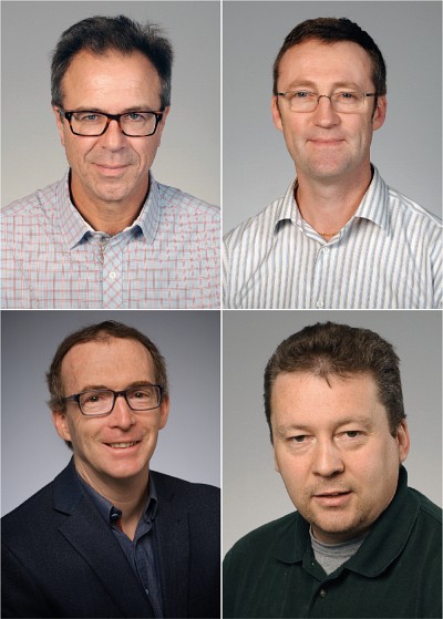 De gauche &agrave; droite : Pr Pierre Lavigne, Pr &Eacute;ric Marsault, Pr Beno&icirc;t Paquette et Pr Jean-Luc Parent.