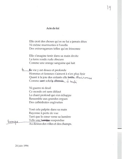 Dactylographie annot&eacute;e de &laquo;Acte de foi&raquo;, Po&egrave;mes pour la main gauche.