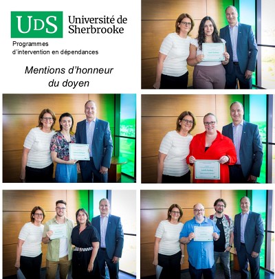 Am&eacute;lie Deschamps, Andr&eacute;anne Baillargeon, Isabelle Desch&ecirc;nes, Alexis St-Amour et Laurent Blais, accompagn&eacute;s de Pre Nathalie Rivard, vice-doyenne aux &eacute;tudes sup&eacute;rieures, &agrave; la recherche et &agrave; l'innovation, Pr Patrice Perron, doyen adjoint et vice-doyen ex&eacute;cutif, Pre Andr&eacute;e-Anne L&eacute;gar&eacute;, professeure au Service sur les d&eacute;pendances et Vincent Wagner, chercheur Institut universitaire sur les d&eacute;pendances.