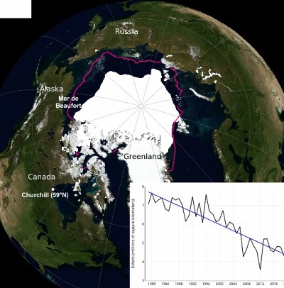 &Eacute;tendue de la glace de mer arctique en septembre 2019, au moment o&ugrave; elle est minimale, d&eacute;riv&eacute;e des observations satellites. La ligne magenta indique la limite moyenne sur la p&eacute;riode 1981-2010. En m&eacute;daillon, la tendance de sa superficie du mois de septembre en millions de kilom&egrave;tres carr&eacute;s de 1979 &agrave; 2019, entre le maximum de 7.5 M km2 en 1980 et la valeur de 4.3 M km2 observ&eacute;e en septembre 2019. Source National Snow and Ice Data Center, NASA.