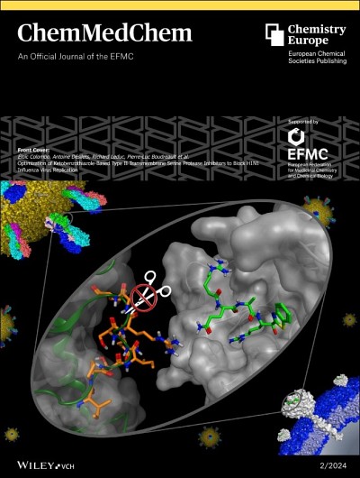 La couverture repr&eacute;sente l&rsquo;inhibition par le compos&eacute; peptidomim&eacute;tique&nbsp;15m de la matriptase, prot&eacute;ase humaine activatrice de la grippe, exprim&eacute;e dans les cellules des voies respiratoires.
