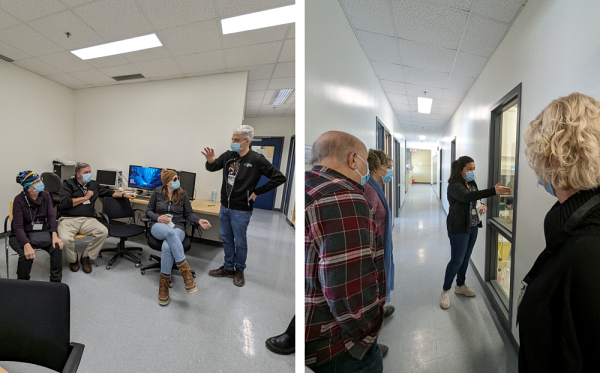 Steve Jean, professeur-chercheur &agrave; l'IRCUS, expliquant de quelle mani&egrave;re il utilise la mouche &agrave; fruit, appel&eacute;e drosophile, pour comprendre les m&eacute;canismes mol&eacute;culaires impliqu&eacute;s dans l'&eacute;volution du cancer (gauche). La visite fut facilit&eacute;e par la pr&eacute;sence de nombreux guides b&eacute;n&eacute;voles membres de l'IRCUS, dont l'&eacute;tudiante&nbsp;Dianne Pupo Gomez montrant &agrave; son groupe une salle de culture cellulaire (droite).