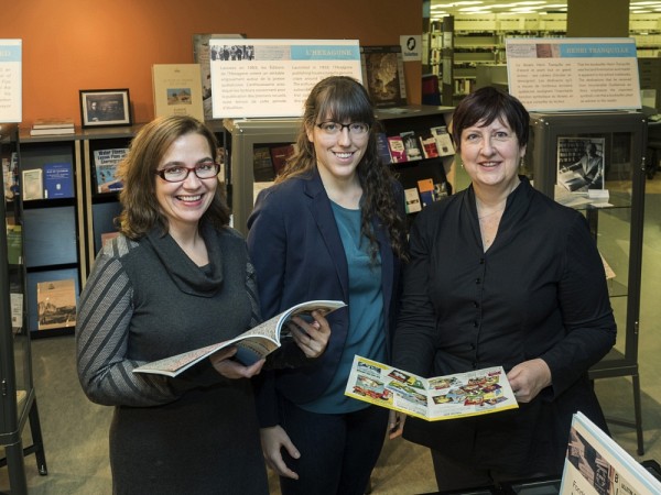 De gauche &agrave; droite : Marie-Pier Luneau, sp&eacute;cialiste de l'histoire de l'&eacute;dition litt&eacute;raire au Qu&eacute;bec; Kristina Bernier, &eacute;tudiante &agrave; la ma&icirc;trise en &eacute;tudes fran&ccedil;aises; Julie Fecteau, archiviste.