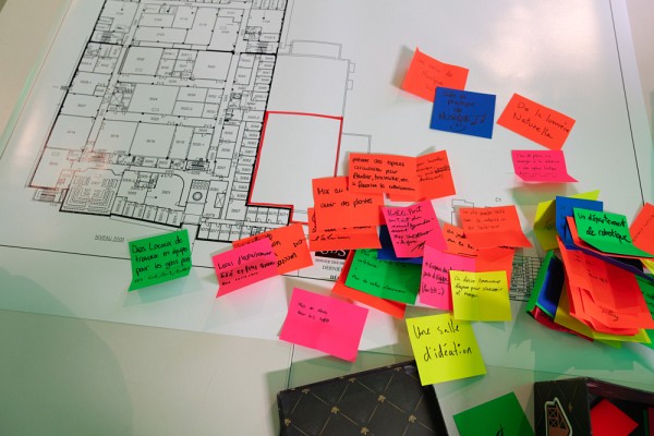 Plan de l'agrandissement avec des suggestions &eacute;crites sur des papiers de couleur.