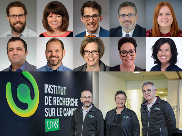 Les membres du comit&eacute; ex&eacute;cutif de l'IRCUS (de gauche &agrave; droite et de haut en bas) : Pr Jean-Philippe Brosseau (FMSS), Pre&nbsp;Claire Dubois (FMSS), Dr&nbsp;Laurent Fradet (FMSS), Dr&nbsp;Sameh Geha (FMSS), Pre&nbsp;V&eacute;ronique Giroux (FMSS), Pr&nbsp;Kian Jafari (Facult&eacute; de g&eacute;nie), Pr&nbsp;Alexandre Mar&eacute;chal (Facult&eacute; des sciences), Pre&nbsp;Brigitte Gu&eacute;rin (FMSS), Marie-Andr&eacute;e Quirion (patiente-partenaire), Nathalie Roy (patiente-partenaire), et les membres de l'&eacute;quipe de direction de l'IRCUS, Pr&nbsp;Fran&ccedil;ois-Michel Boisvert (directeur scientifique), Karine Tremblay (coordonnatrice scientifique et survivante du cancer) et Dr&nbsp;Michel Pavic (directeur de la recherche m&eacute;dicale en oncologie).