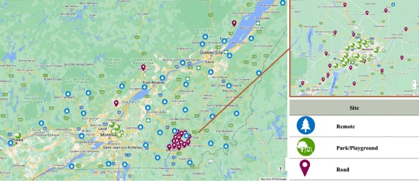 La r&eacute;partition de l'&eacute;chantillonnage effectu&eacute; par l'&eacute;quipe de recherche dans le sud du Qu&eacute;bec. Les cercles bleus et verts indiquent les sites non urbains et les parcs. Les marqueurs mauves indiquent les &eacute;chantillons pr&eacute;lev&eacute;s en bordure de routes. Le d&eacute;tail montre la r&eacute;partition des &eacute;chantillons pr&eacute;lev&eacute;s autour de la ville de Sherbrooke.